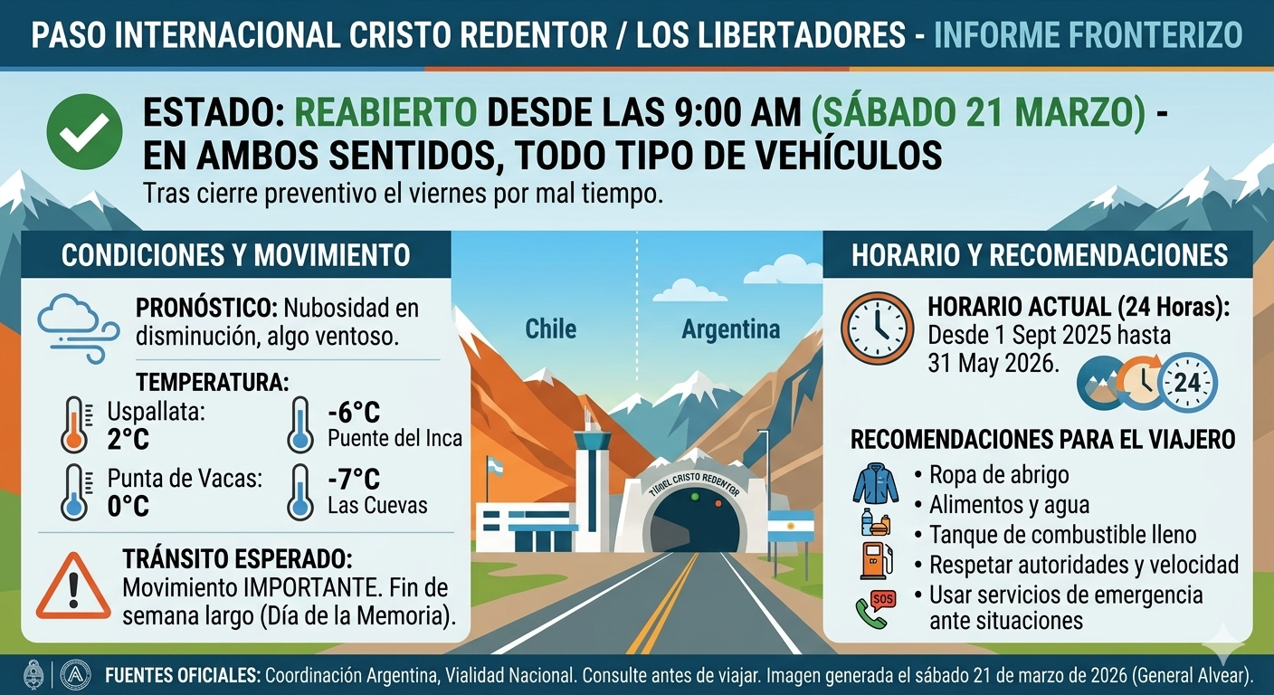 Paso Los Libertadores hoy: estado, horario y demoras para este sábado 21 de marzo